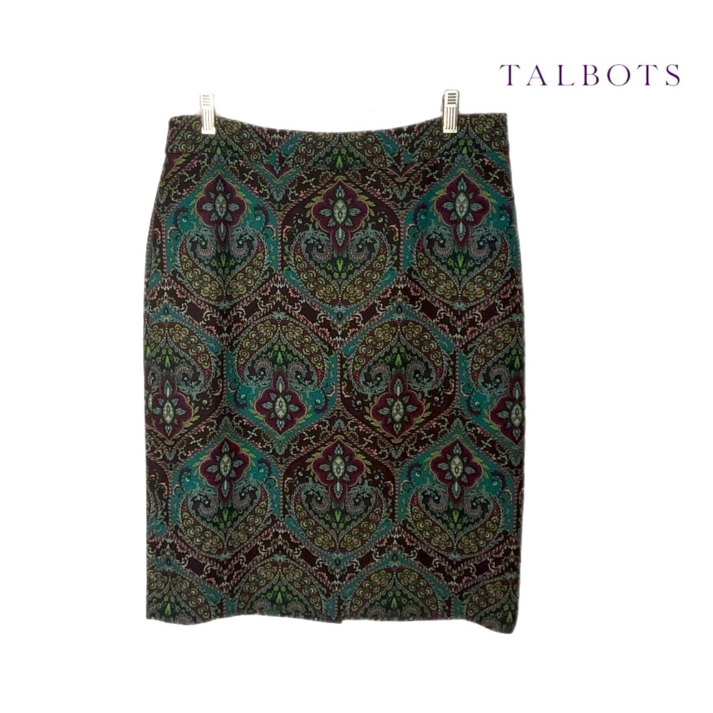 Talbots Sz 10 Skirt Green Purple Paisley Pencil Skirt Office Boho Trendy EUC